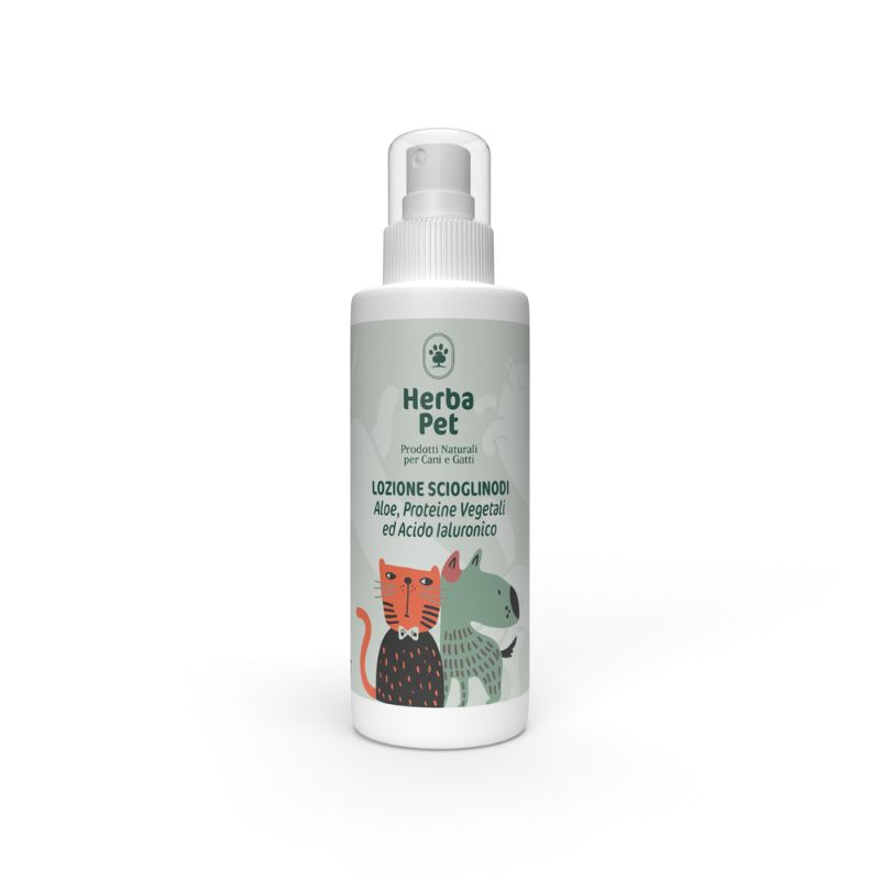 Lozione spray ad azione districante e nutriente per il pelo di cani e gatti a base di Idrolati di Lavanda e Camomilla bio, estratti di Lino e Riso, Proteine Vegetali  e Pantenolo.