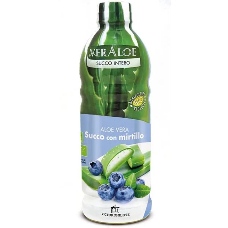 INTEGRATORE ALIMENTARE 90,9% succo biologico di aloe vera, 4% succo biologico di mirtillo. Tutto il meglio del succo puro in sinergia con il succo di Mirtillo, lo rendono maggiormente indicato nel favorire la funzionalità del microcircolo (gambe pesanti) e il benessere del transito intestinale.